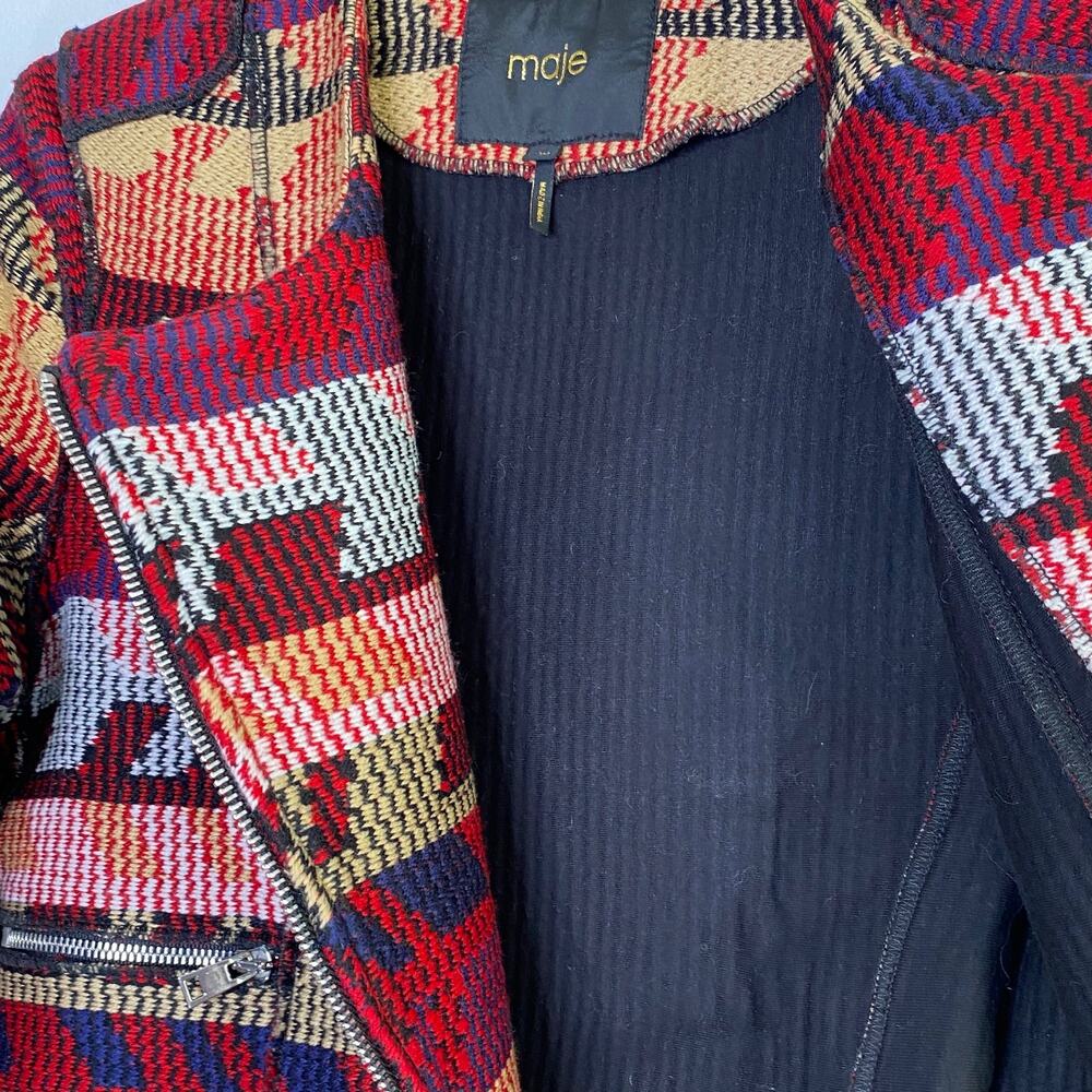 Maje Aztec Moto Jacquard Jacket Asymmetric Zip Front Sz 38 Medium Quiet Luxury - Picture 11 of 12
